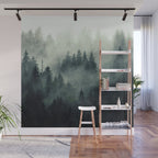 Green misty mountain pine forest in cloudy and rainy - vintage style photo Wall Mural Gallery Image 1