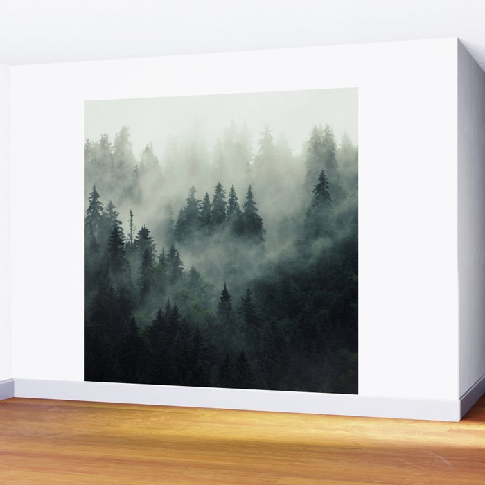 Green misty mountain pine forest in cloudy and rainy - vintage style photo Wall Mural Gallery Image 2