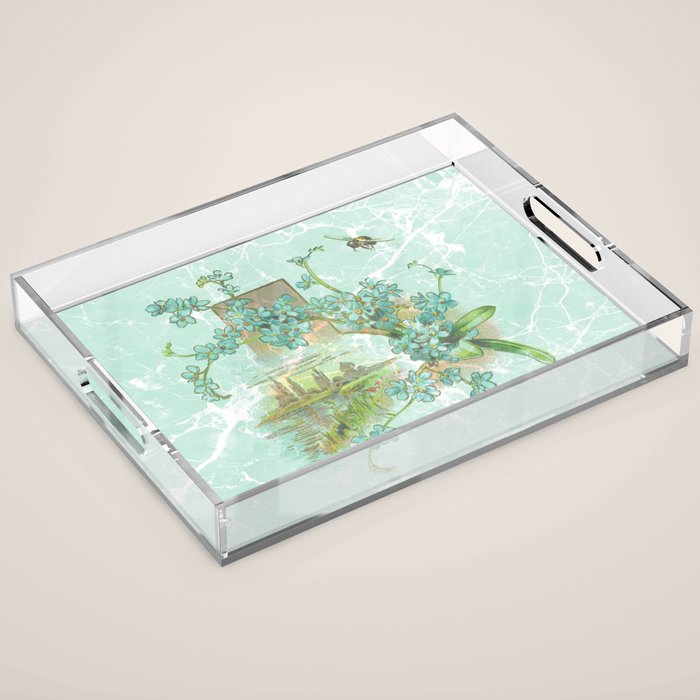 Modern vintage mint marble floral landscape Acrylic Tray Gallery Image 1