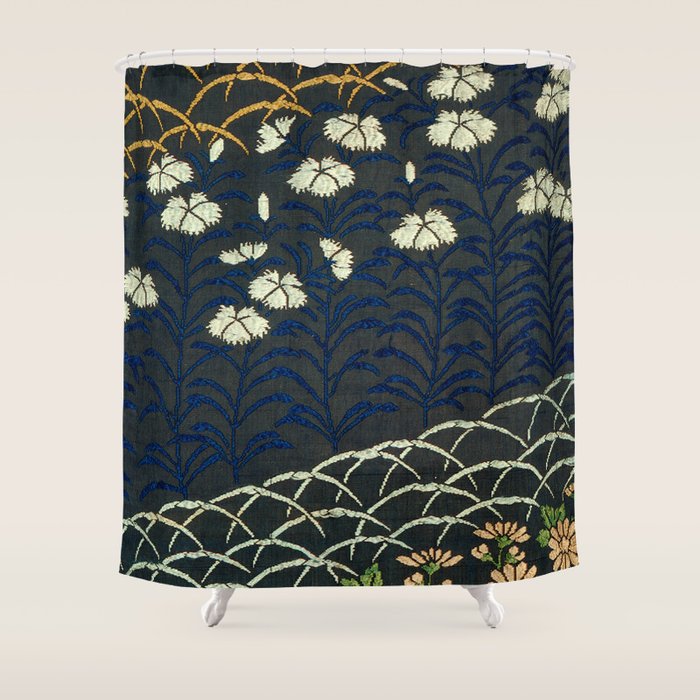 Antique White, Pink and Blue Floral Japanese Silk Print Shower Curtain Gallery Image 1