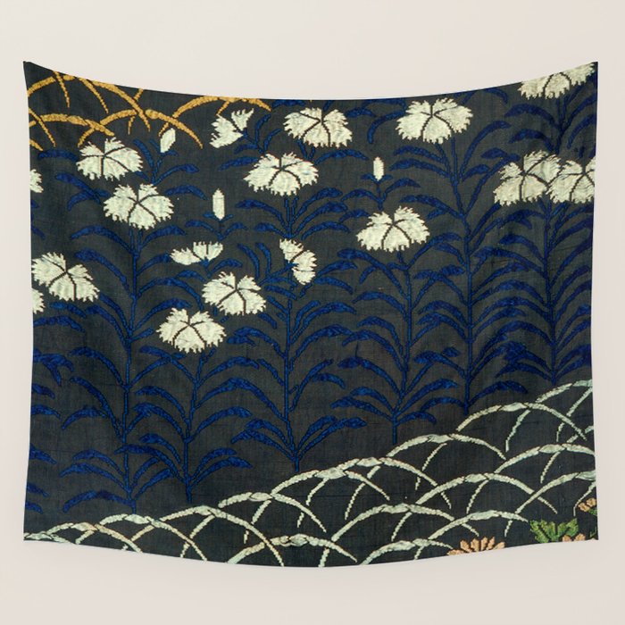 Antique White, Pink and Blue Floral Japanese Silk Print Wall Tapestry Gallery Image 1