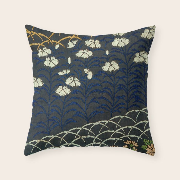 Antique White, Pink and Blue Floral Japanese Silk Print Throw Pillow Gallery Image 6