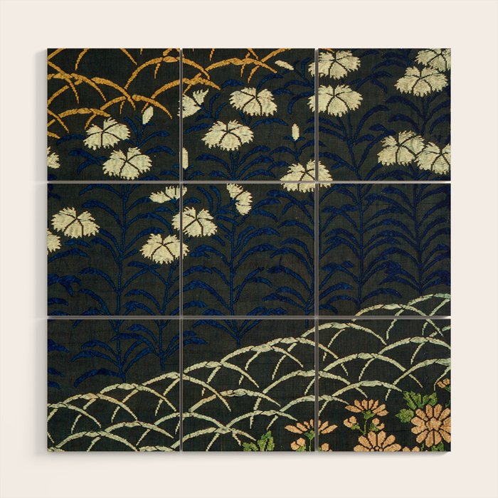 Antique White, Pink and Blue Floral Japanese Silk Print Wood Wall Art Gallery Image 1