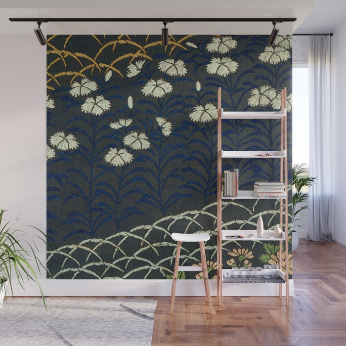 Antique White, Pink and Blue Floral Japanese Silk Print Wall Mural Gallery Image 1