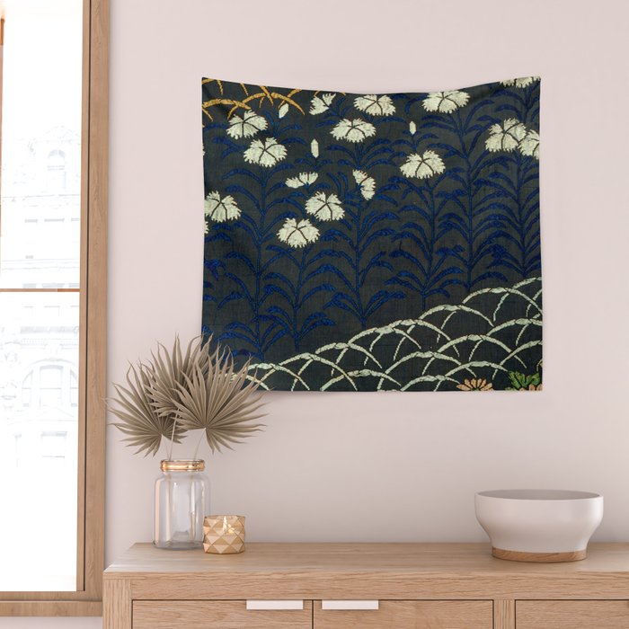 Antique White, Pink and Blue Floral Japanese Silk Print Wall Tapestry Gallery Image 2