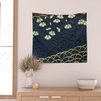 Antique White, Pink and Blue Floral Japanese Silk Print Wall Tapestry Gallery Image 2