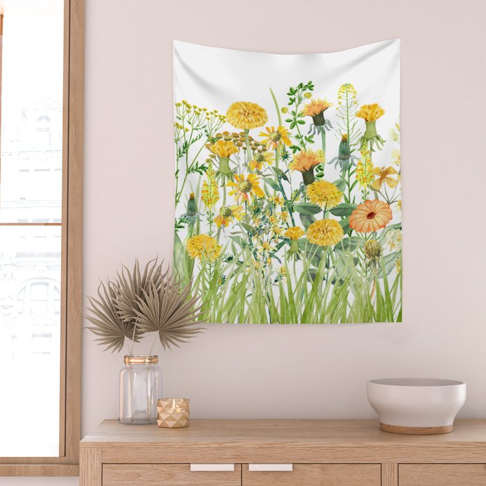 Yellow Scandinavian Wildflowers  Meadow  Wall Tapestry Gallery Image 2