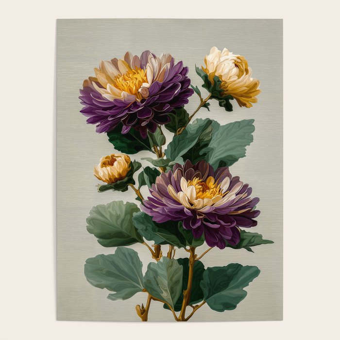 Birthflower Gift Aster Flower Art Floral Print Japanese Wall Art Poster Birthday Painting for her Poster Gallery Image 4