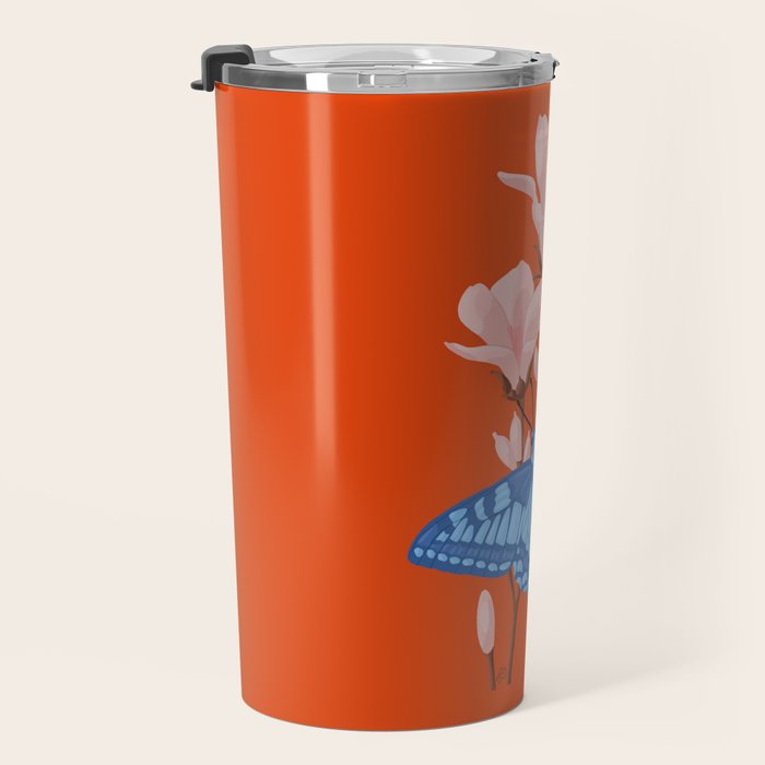 Blue Butterfly and Blooms on a Red Canvas Travel Mug Gallery Image 3