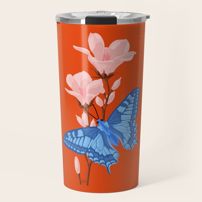 Blue Butterfly and Blooms on a Red Canvas Travel Mug Gallery Image 1