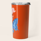 Blue Butterfly and Blooms on a Red Canvas Travel Mug Gallery Image 2