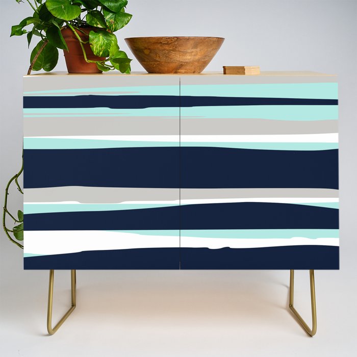 Ocean, Stripe Abstract Pattern, Navy, Aqua, Gray Credenza Gallery Image 1