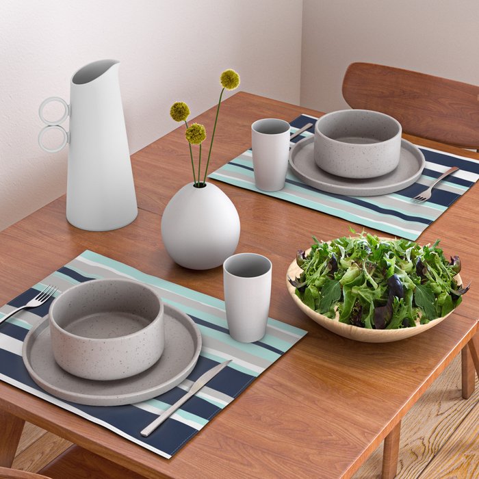 Ocean, Stripe Abstract Pattern, Navy, Aqua, Gray Placemat Gallery Image 2