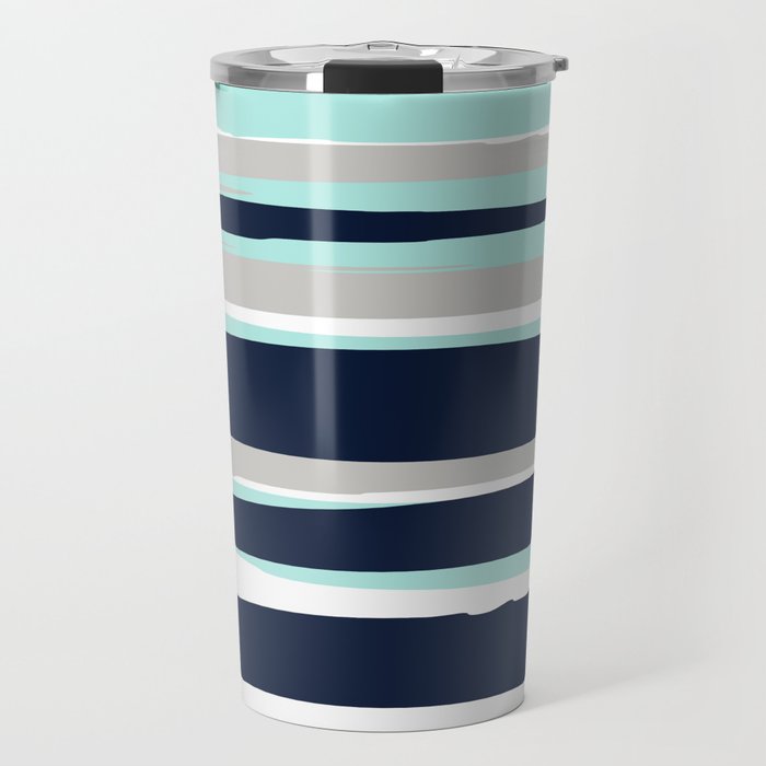 Ocean, Stripe Abstract Pattern, Navy, Aqua, Gray Travel Mug Gallery Image 1