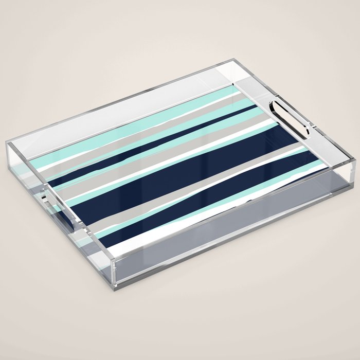 Ocean, Stripe Abstract Pattern, Navy, Aqua, Gray Acrylic Tray Gallery Image 1