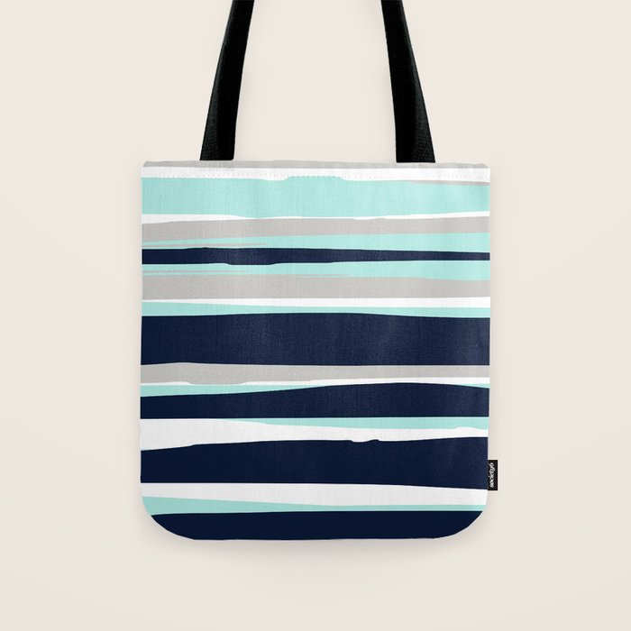 Ocean, Stripe Abstract Pattern, Navy, Aqua, Gray Tote Bag Gallery Image 1
