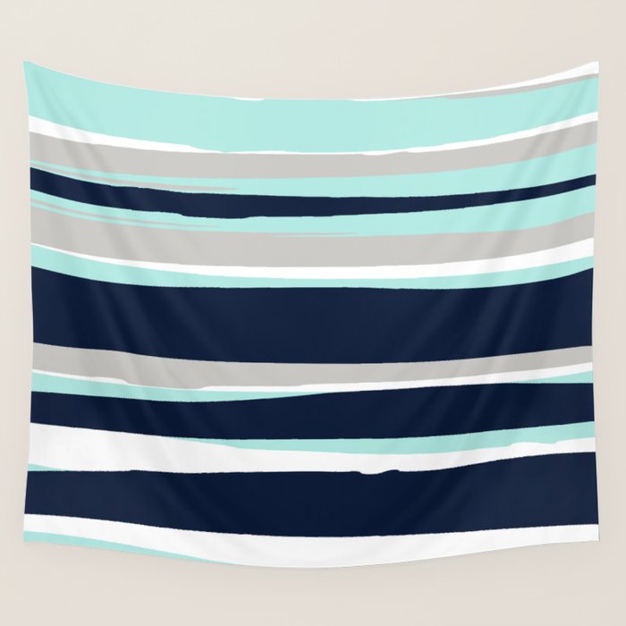 Ocean, Stripe Abstract Pattern, Navy, Aqua, Gray Wall Tapestry Gallery Image 4