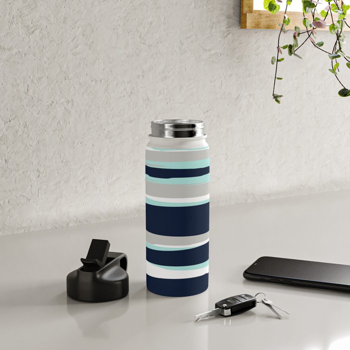 Ocean, Stripe Abstract Pattern, Navy, Aqua, Gray Water Bottle Gallery Image 5