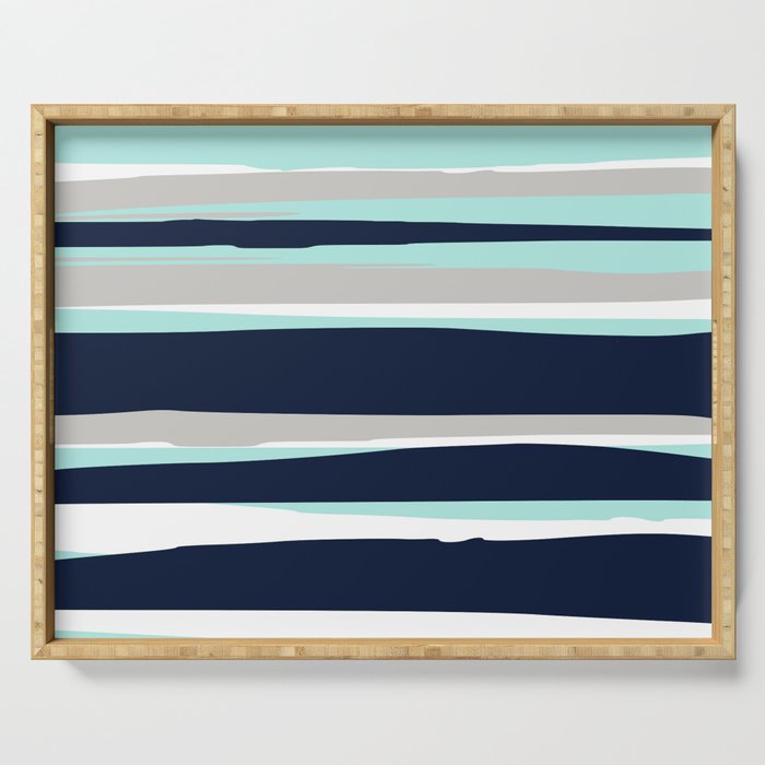 Ocean, Stripe Abstract Pattern, Navy, Aqua, Gray Serving Tray Gallery Image 1