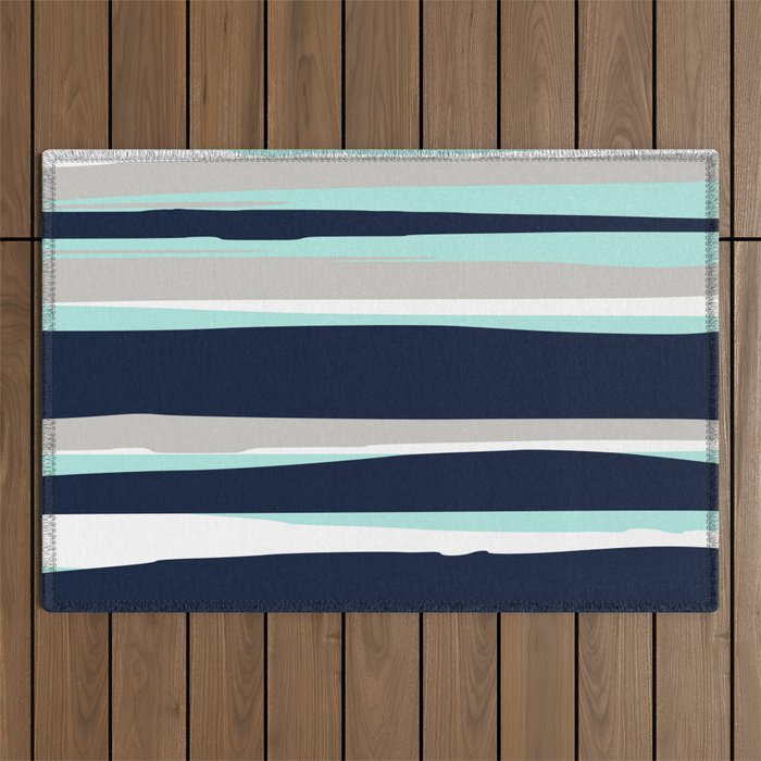 Ocean, Stripe Abstract Pattern, Navy, Aqua, Gray Outdoor Rug Gallery Image 1