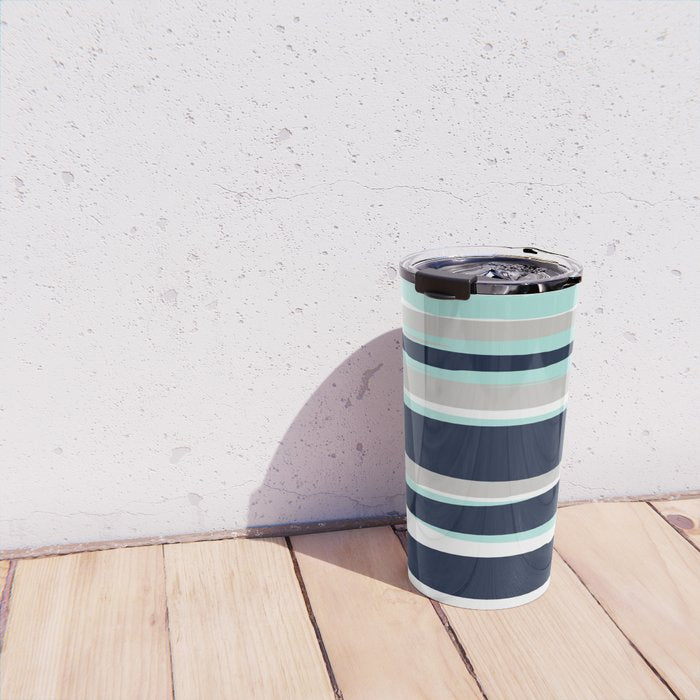 Ocean, Stripe Abstract Pattern, Navy, Aqua, Gray Travel Mug Gallery Image 4