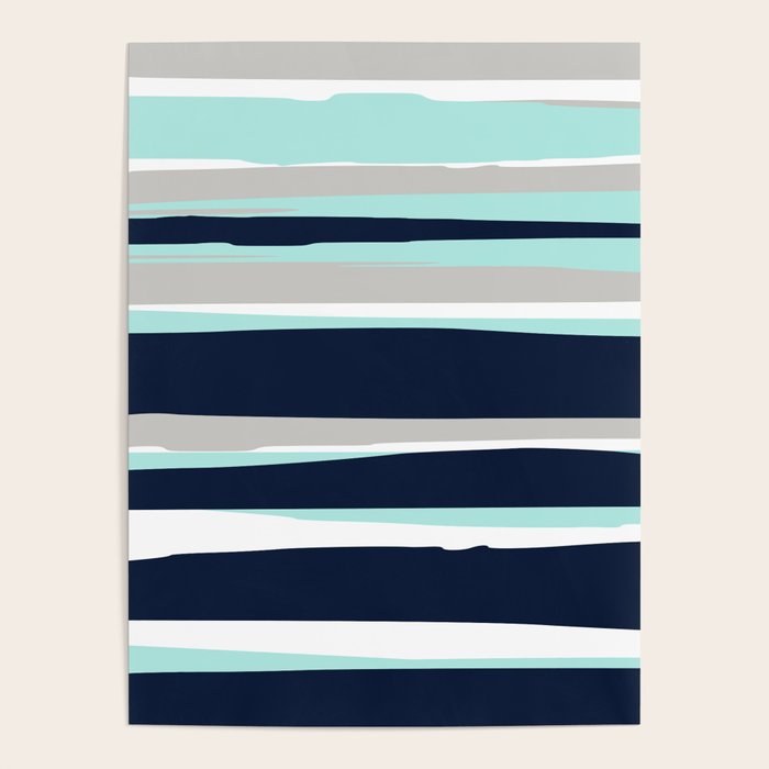 Ocean, Stripe Abstract Pattern, Navy, Aqua, Gray Poster Gallery Image 4