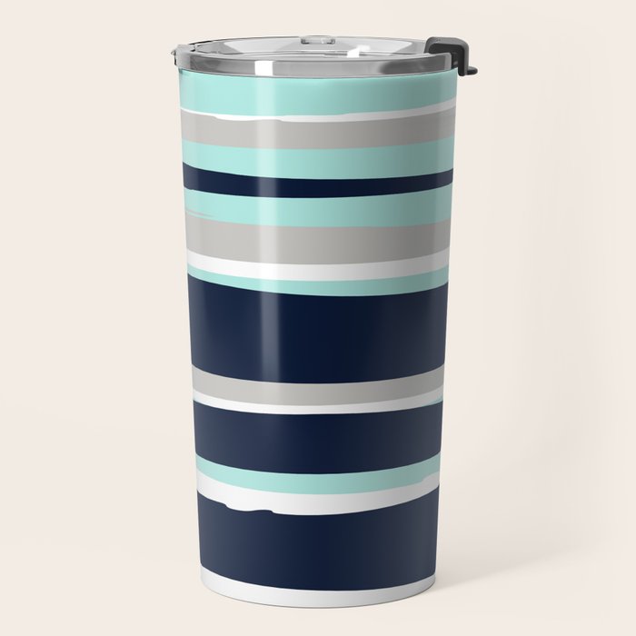 Ocean, Stripe Abstract Pattern, Navy, Aqua, Gray Travel Mug Gallery Image 2