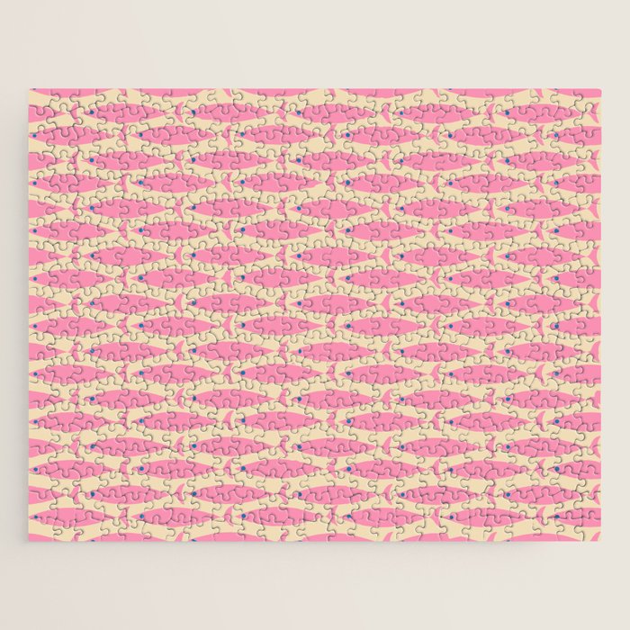 Mid Century Modern Minimalist Fish Pink Cream Blue Pattern Jigsaw Puzzle Gallery Image 1