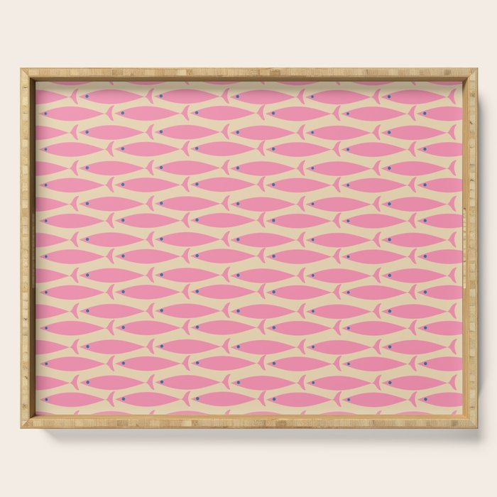 Mid Century Modern Minimalist Fish Pink Cream Blue Pattern Serving Tray Gallery Image 1