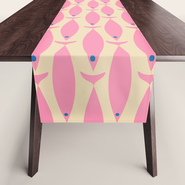 Mid Century Modern Minimalist Fish Pink Cream Blue Pattern Table Runner Gallery Image 1