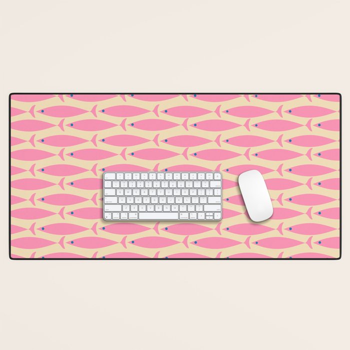 Mid Century Modern Minimalist Fish Pink Cream Blue Pattern Desk Mat Gallery Image 1