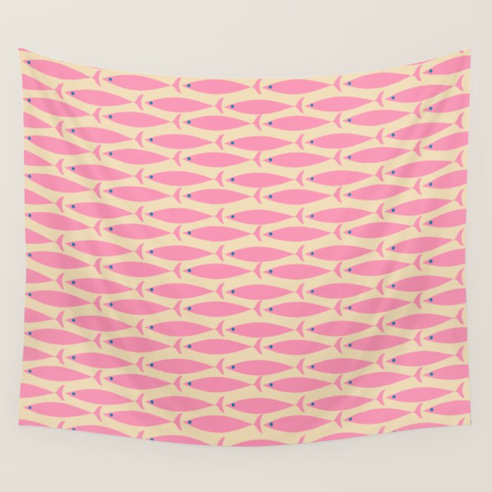 Mid Century Modern Minimalist Fish Pink Cream Blue Pattern Wall Tapestry Gallery Image 4
