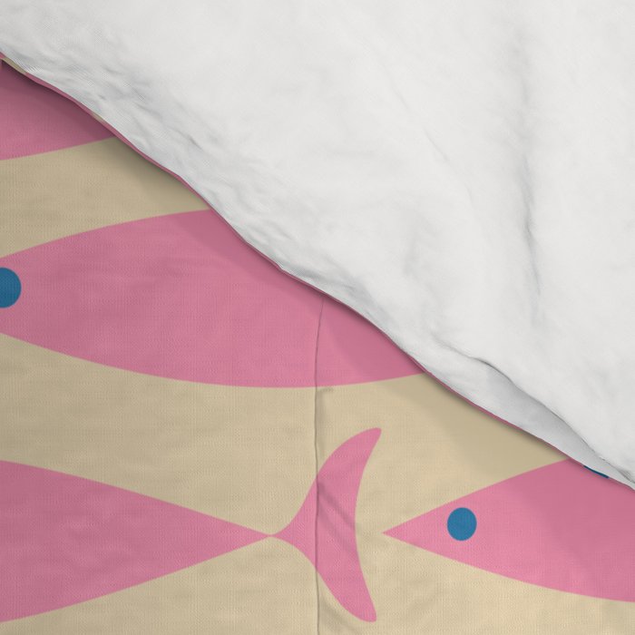 Mid Century Modern Minimalist Fish Pink Cream Blue Pattern Comforter Gallery Image 4