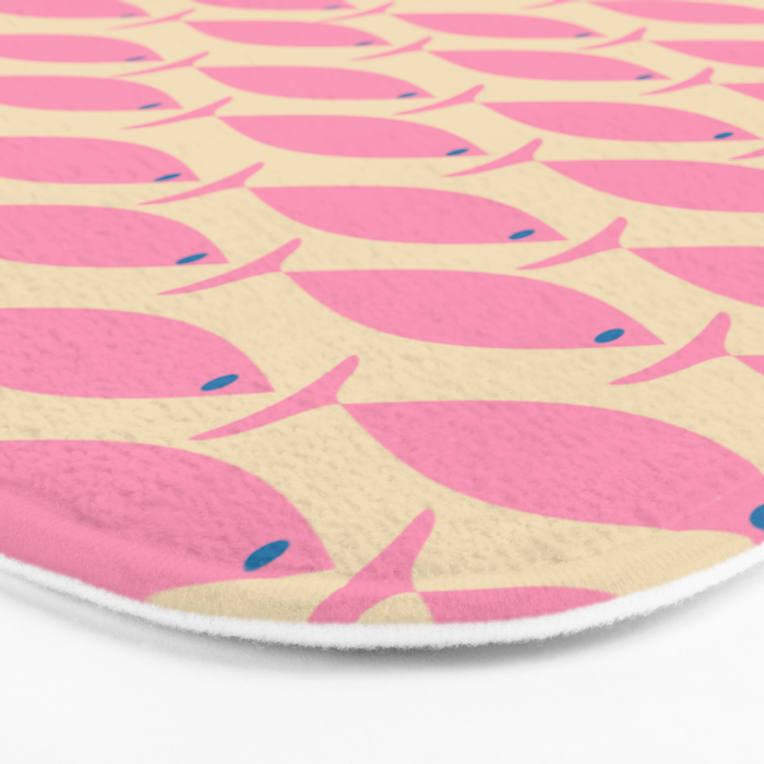 Mid Century Modern Minimalist Fish Pink Cream Blue Pattern Bath Mat Gallery Image 3