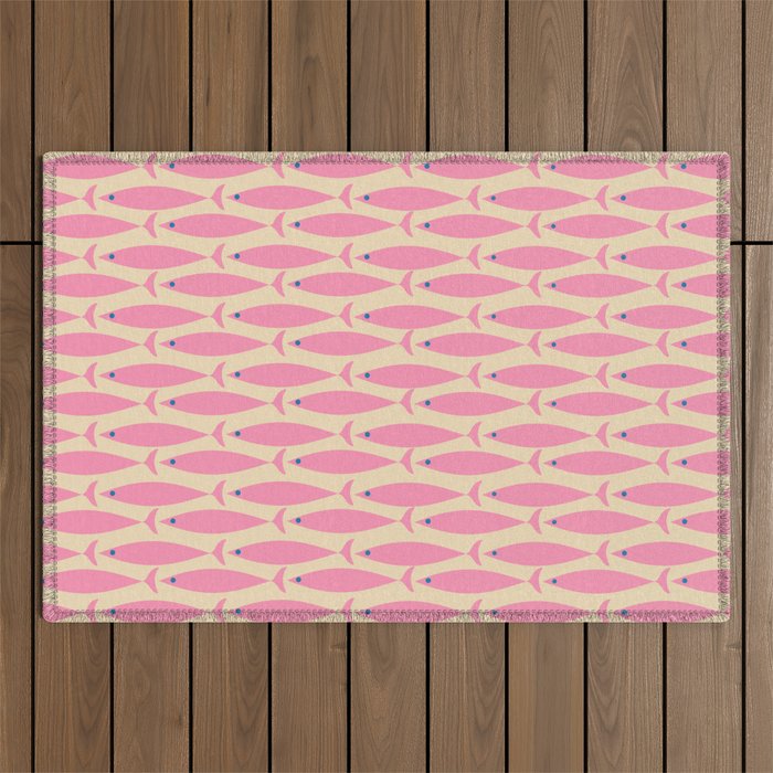Mid Century Modern Minimalist Fish Pink Cream Blue Pattern Outdoor Rug Gallery Image 1