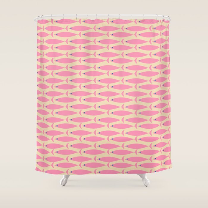Mid Century Modern Minimalist Fish Pink Cream Blue Pattern Shower Curtain Gallery Image 1