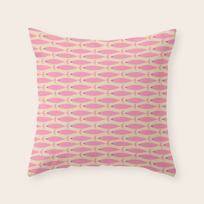 Mid Century Modern Minimalist Fish Pink Cream Blue Pattern Throw Pillow Gallery Image 6