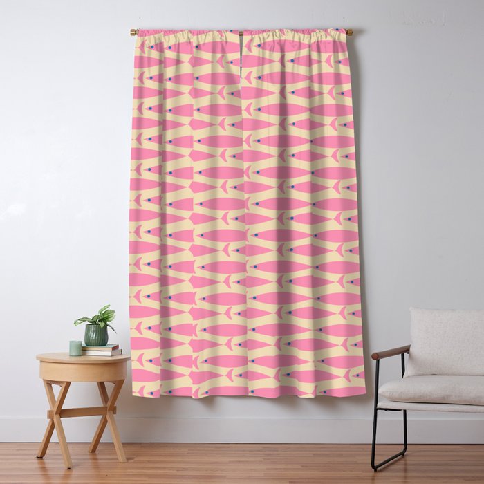 Mid Century Modern Minimalist Fish Pink Cream Blue Pattern Window Curtain Gallery Image 5