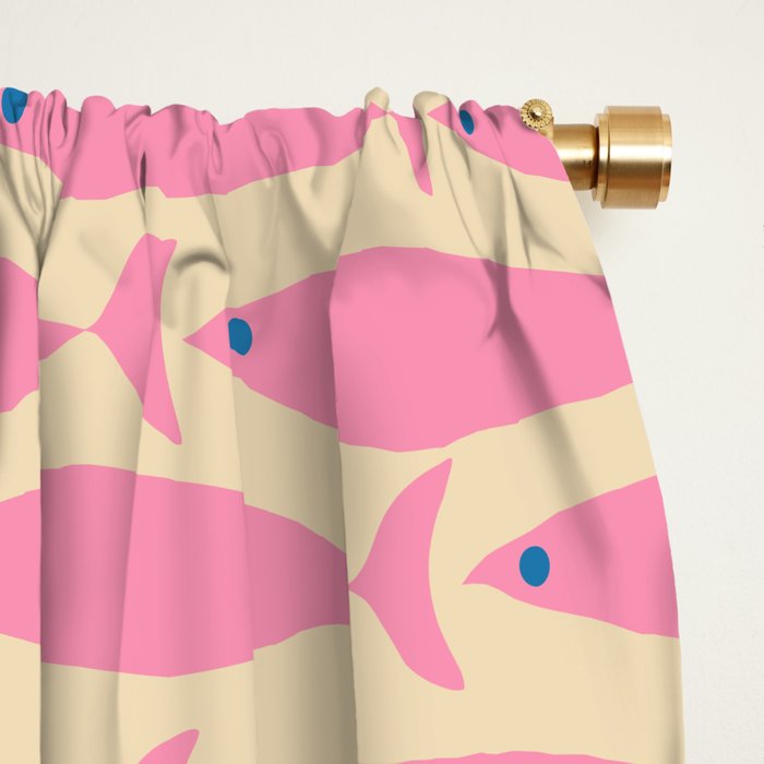 Mid Century Modern Minimalist Fish Pink Cream Blue Pattern Window Curtain Gallery Image 2