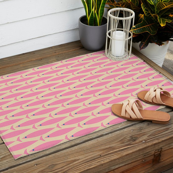 Mid Century Modern Minimalist Fish Pink Cream Blue Pattern Outdoor Rug Gallery Image 2
