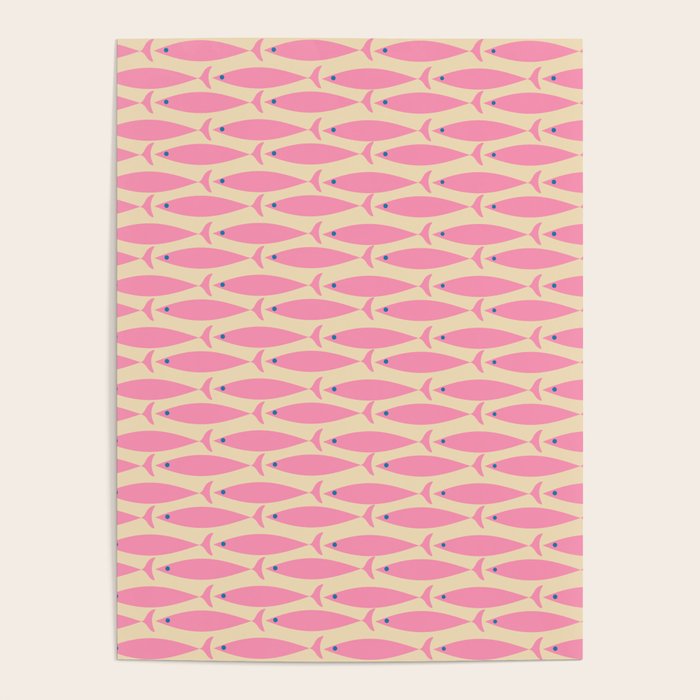 Mid Century Modern Minimalist Fish Pink Cream Blue Pattern Poster Gallery Image 4