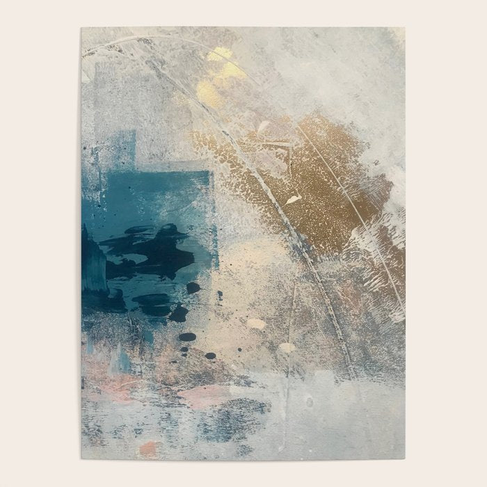 Embrace: a minimal, abstract mixed-media piece in blues and gold with a hint of pink Poster Gallery Image 4