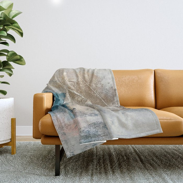 Embrace: a minimal, abstract mixed-media piece in blues and gold with a hint of pink Throw Blanket Gallery Image 1
