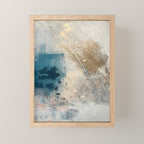 Embrace: a minimal, abstract mixed-media piece in blues and gold with a hint of pink Mini Art Print Gallery Image 1
