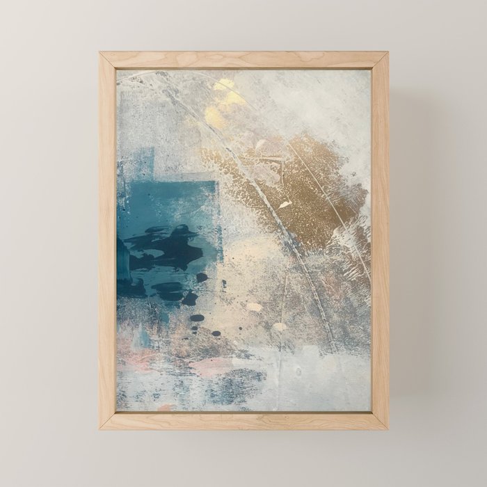Embrace: a minimal, abstract mixed-media piece in blues and gold with a hint of pink Mini Art Print Gallery Image 1