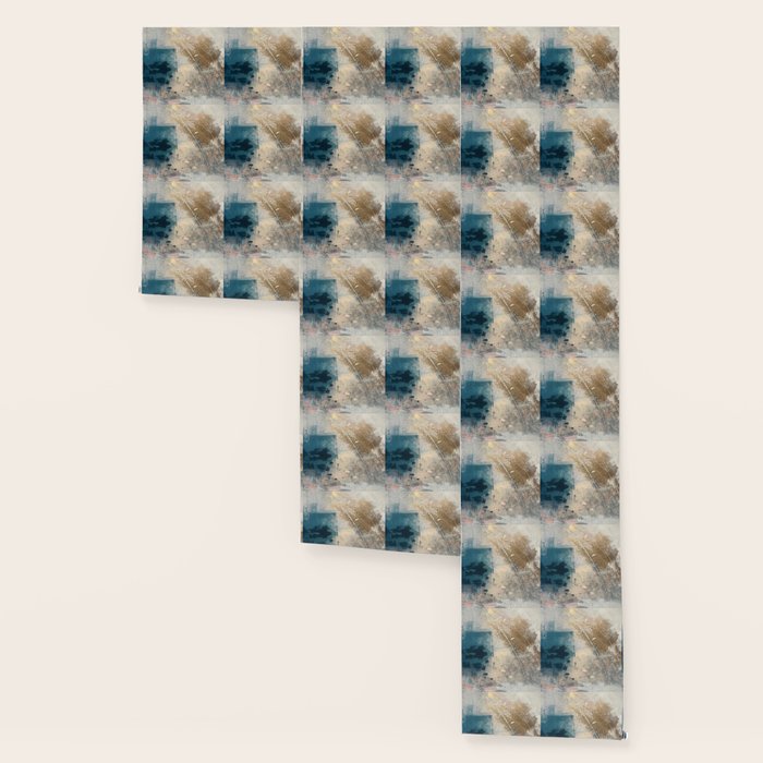Embrace: a minimal, abstract mixed-media piece in blues and gold with a hint of pink Wallpaper Gallery Image 3