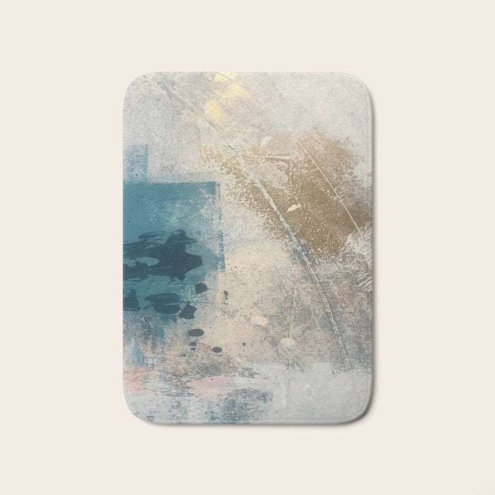 Embrace: a minimal, abstract mixed-media piece in blues and gold with a hint of pink Bath Mat Gallery Image 1