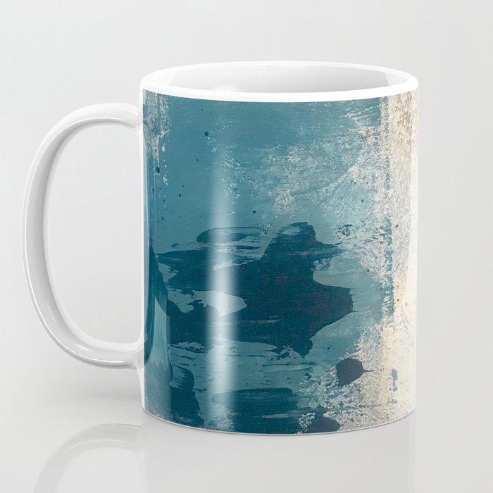 Embrace: a minimal, abstract mixed-media piece in blues and gold with a hint of pink Coffee Mug Gallery Image 3