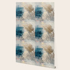 Embrace: a minimal, abstract mixed-media piece in blues and gold with a hint of pink Wallpaper Gallery Image 2