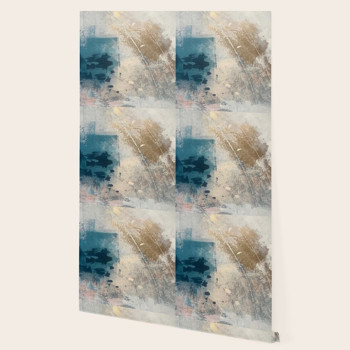 Embrace: a minimal, abstract mixed-media piece in blues and gold with a hint of pink Wallpaper Gallery Image 2